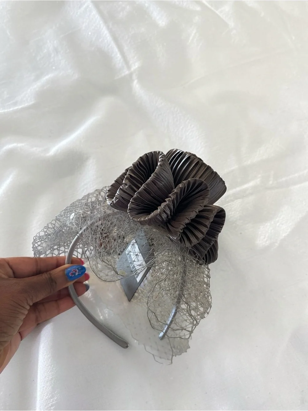 Bellissima Grey Pleated Satin Fascinator Headband with Birdcage Veil